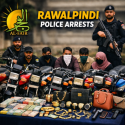 Rawalpindi Police arrests six suspects including a domestic worker and her brother, with seven motorcycles, cash, gold jewelry, foreign currency, handbags, and weapons