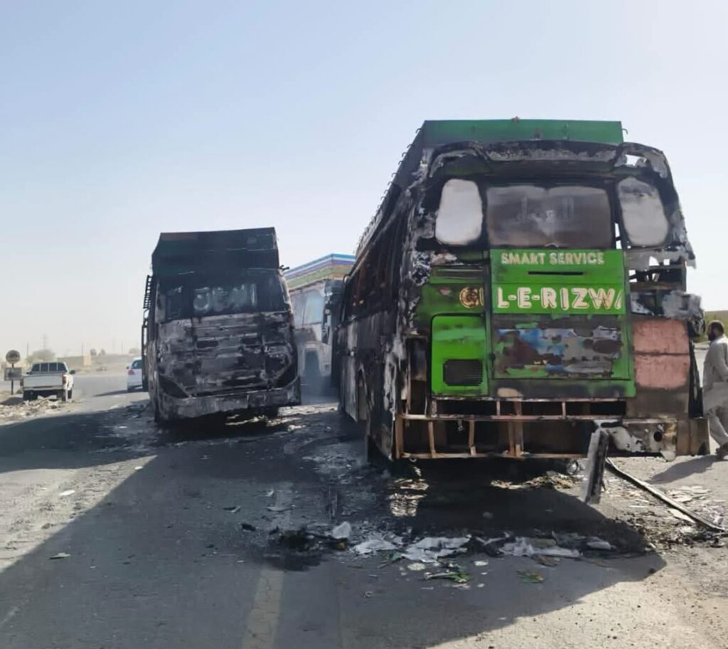 "Burned buses on main highway in Noshki after violence"
