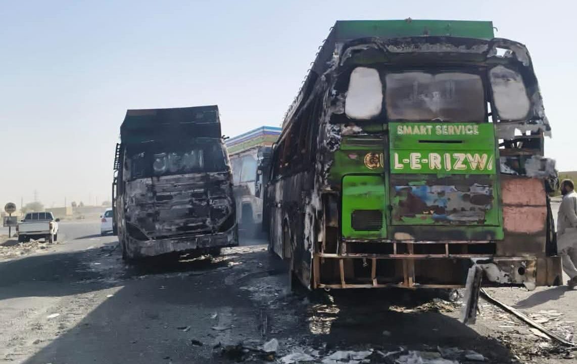 "Burned buses on main highway in Noshki after violence"