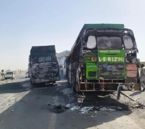 "Burned buses on main highway in Noshki after violence"