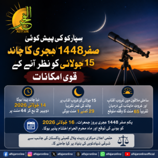 SPARCO predicts a high probability of the Safar 1448 moon sighting in Pakistan on July 15, 2026.