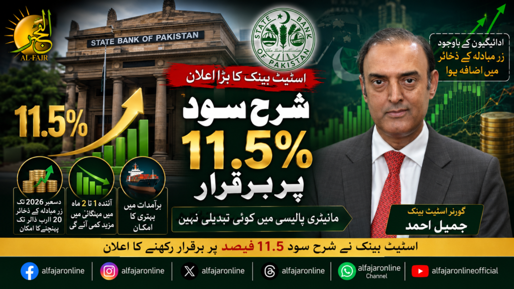 State Bank of Pakistan Governor Jameel Ahmad announces that the central bank has kept the policy interest rate unchanged at 11.5% during a monetary policy press conference in Karachi.