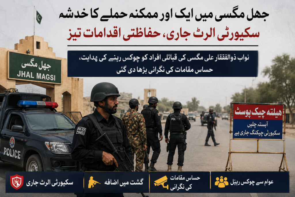 Image Alt Text: Security personnel on patrol in Jhal Magsi after a security alert was issued over reports of a possible attack threat in Balochistan, Pakistan.