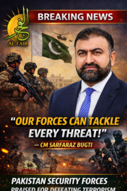 "Sarfaraz Bugti addressing media about security forces in Balochistan"
