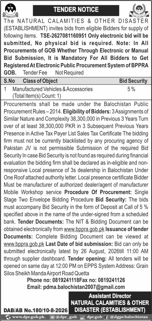 Advertisement DGPR QUETTA TENDER NOTICE