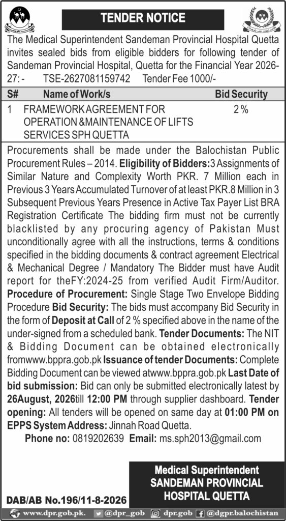 Advertisements GOVT of Balochistan DGPR Quetta notice inviting tender