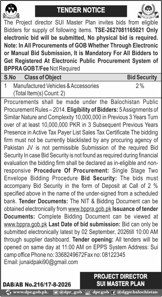 Government of Balochistan tender notice for Sui Master Plan inviting electronic bids for supply of manufactured vehicles and accessories, with a 2% bid security and submission deadline of September 2, 2026