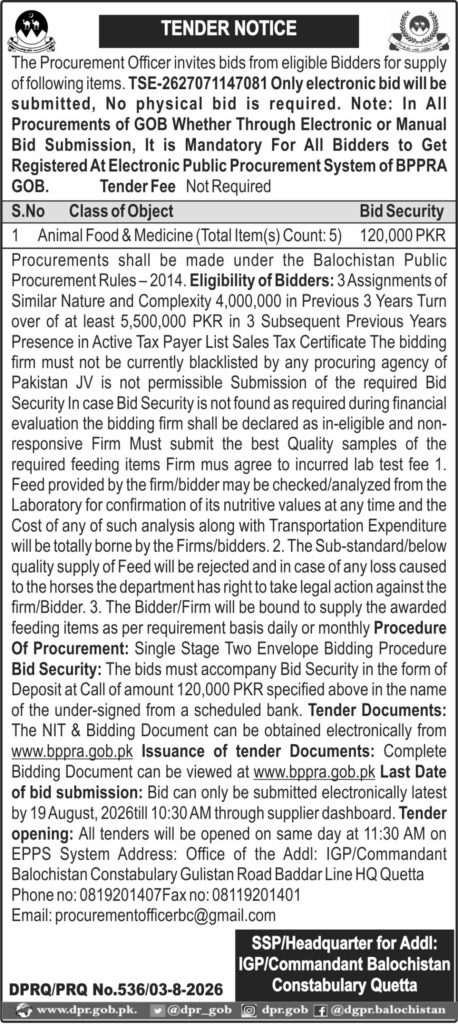 DGPR QUETTA ADVERTISEMENTS TENDER NOTICES