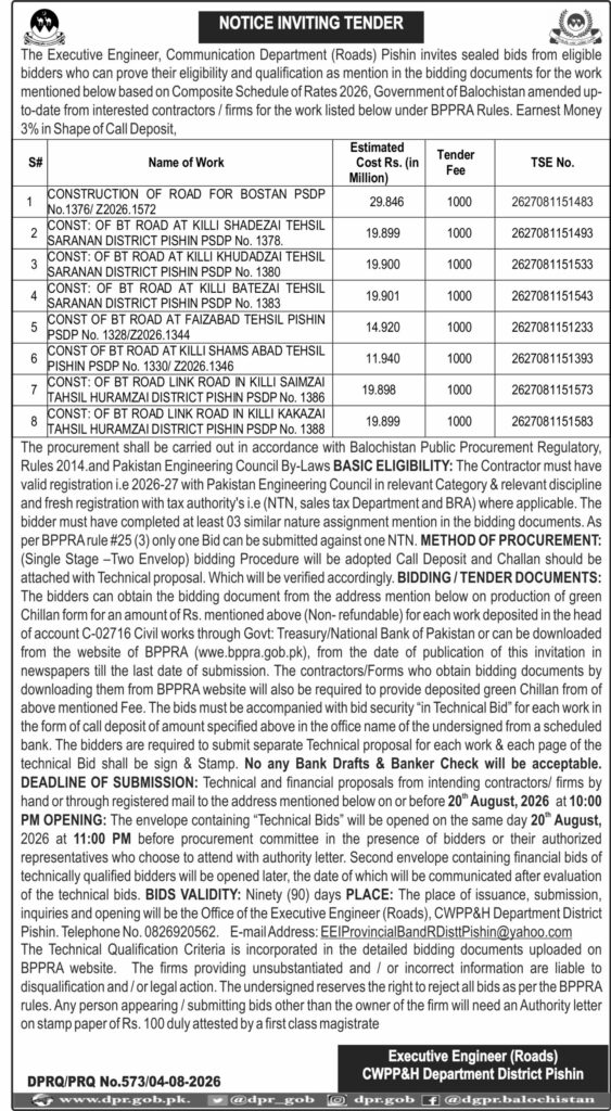 ADVERTISEMENTS DGPR QUETTA TENDER NOTICES