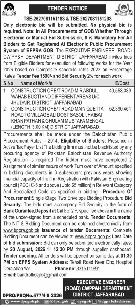 ADVERTISEMENTS DGPR QUETTA TENDER NOTICES
