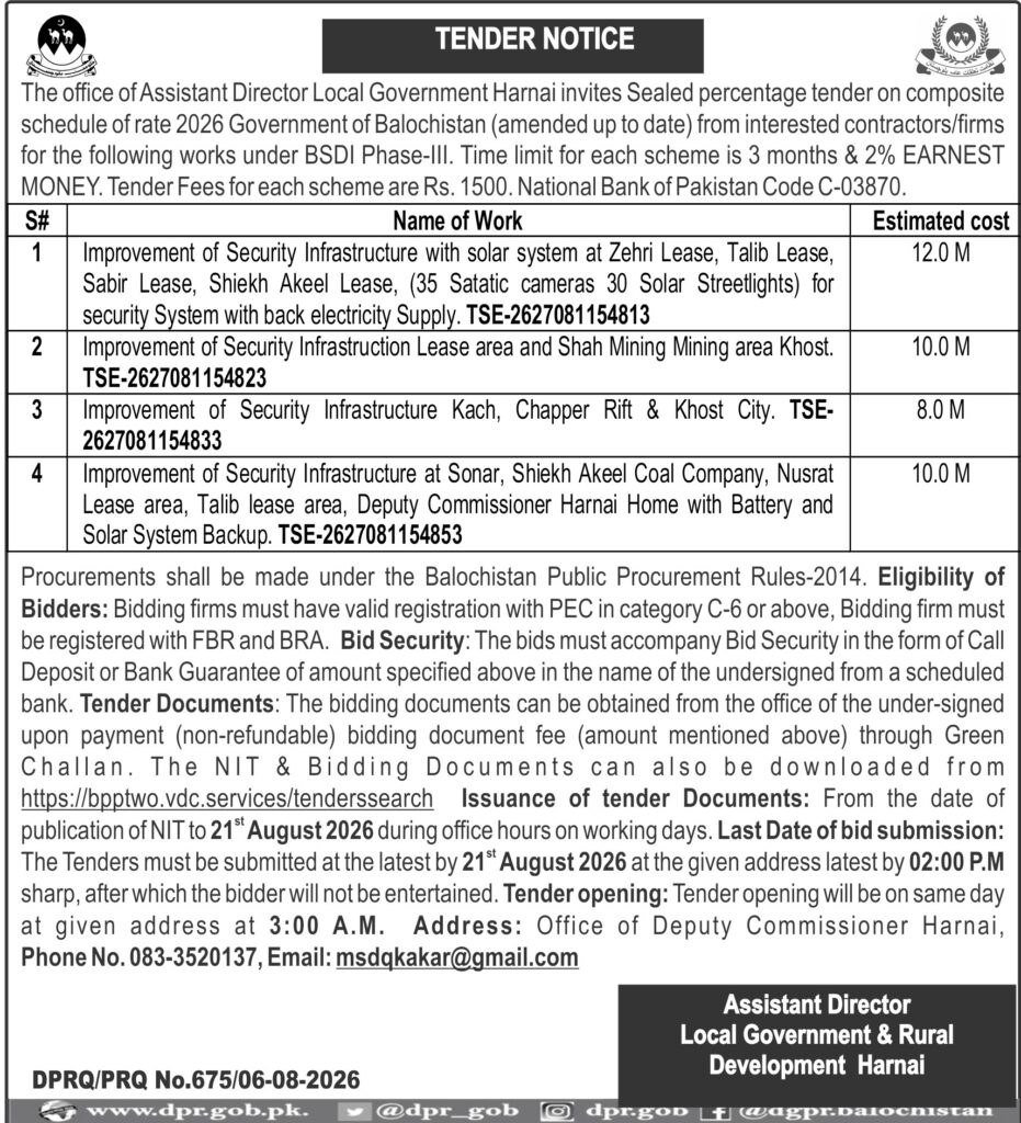 ADVERTISEMENTS DGPR QUETTA TENDER NOTICE