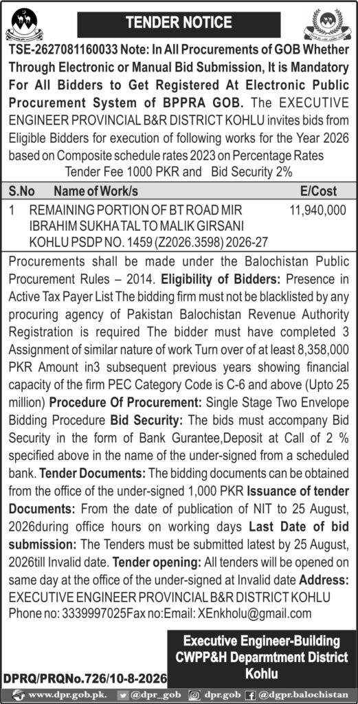 Advertisement DGPR QUETTA TENDER NOTICE