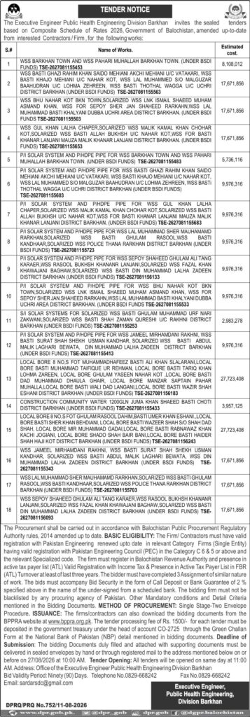 Advertisements GOVT of Balochistan DGPR Quetta notice inviting tender