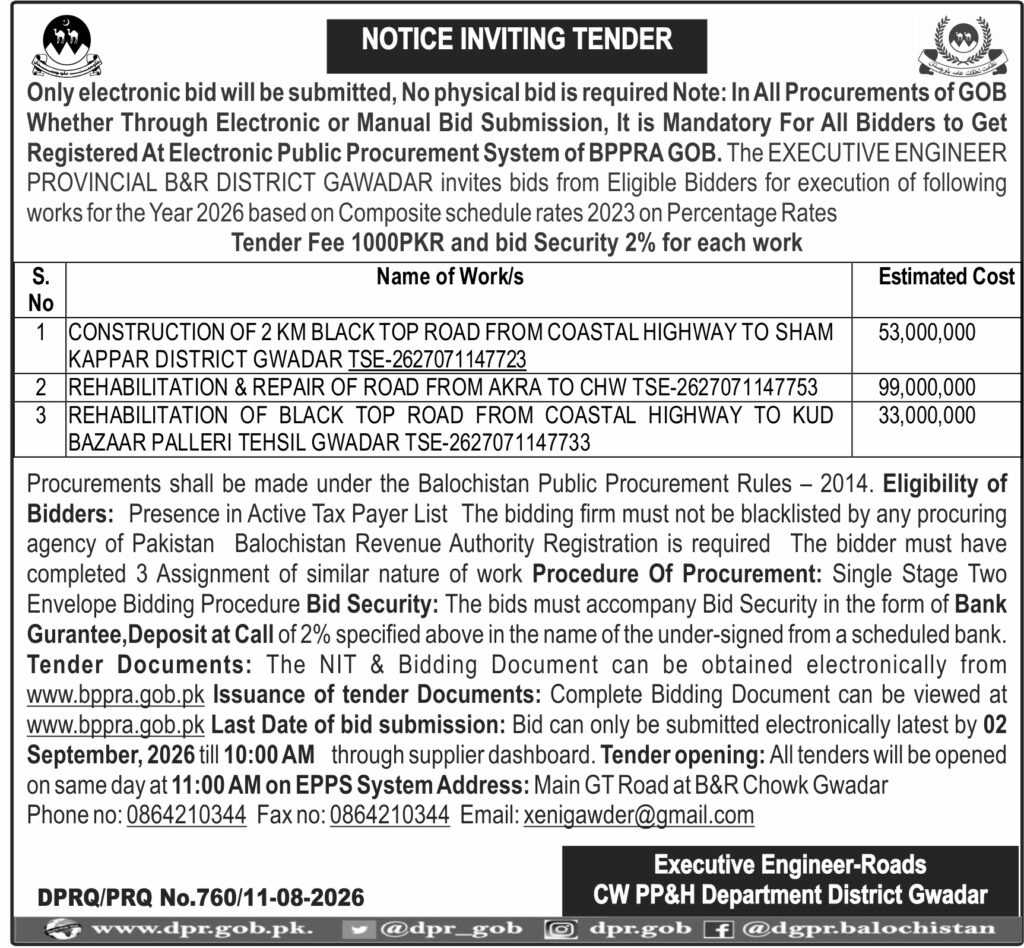 Advertisements GOVT of Balochistan DGPR Quetta notice inviting tender