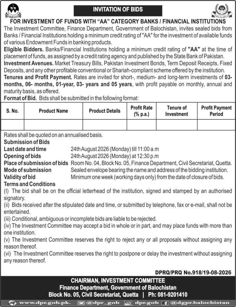 Government of Balochistan invitation of bids for investment of funds with AA category banks and financial institutions