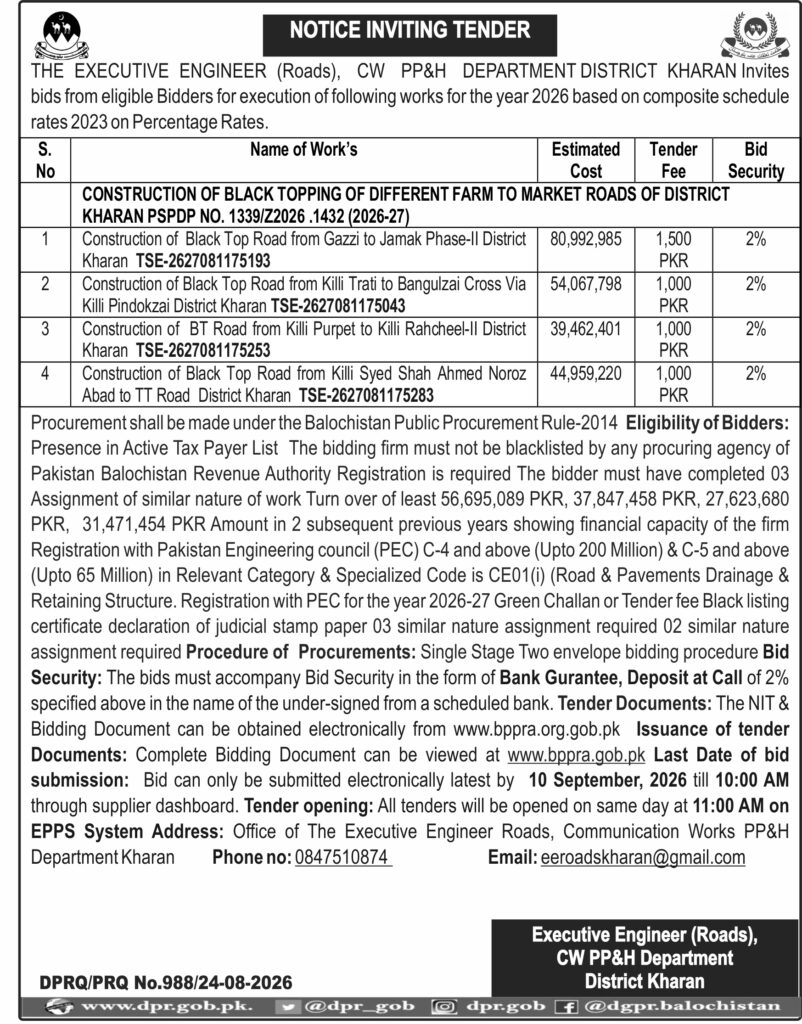 District Kharan tender notice for four blacktop farm-to-market road construction projects under PSDP 2026-27.