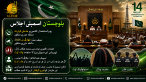 the Balochistan Assembly in session. The design highlights the unanimous approval of a resolution condemning India's actions in Kashmir and the passage of the Balochistan Safe Cities Authority Bill 2026. It also references intense debate over the Khuzdar incident, the Speaker's order summoning senior police officials, and lawmakers' calls for protection of Asma Jatak's family and the immediate arrest of the suspects