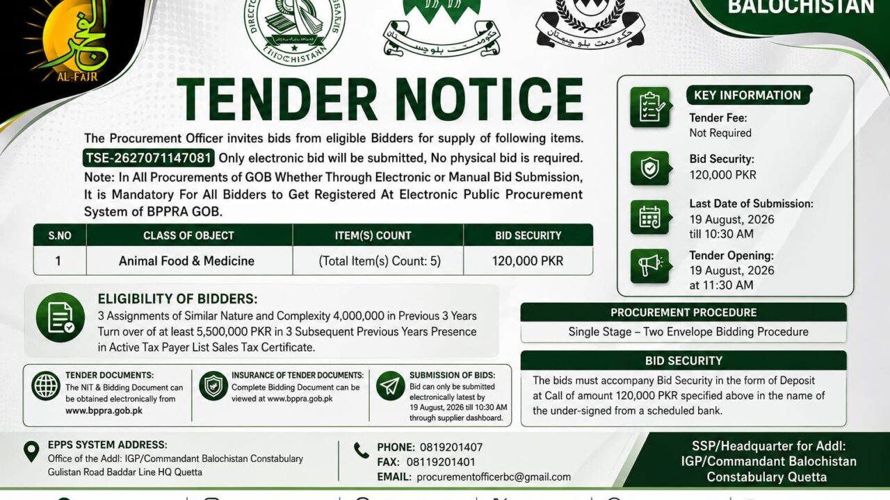 DGPR ADVERTISEMENTS TENDER NOTICES BALOCHISTAN POLICE QUETTA