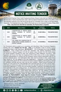 Public Health Engineering Division Sherani tender notice for construction of various water supply schemes under Special Development Initiative Fund 2026-27