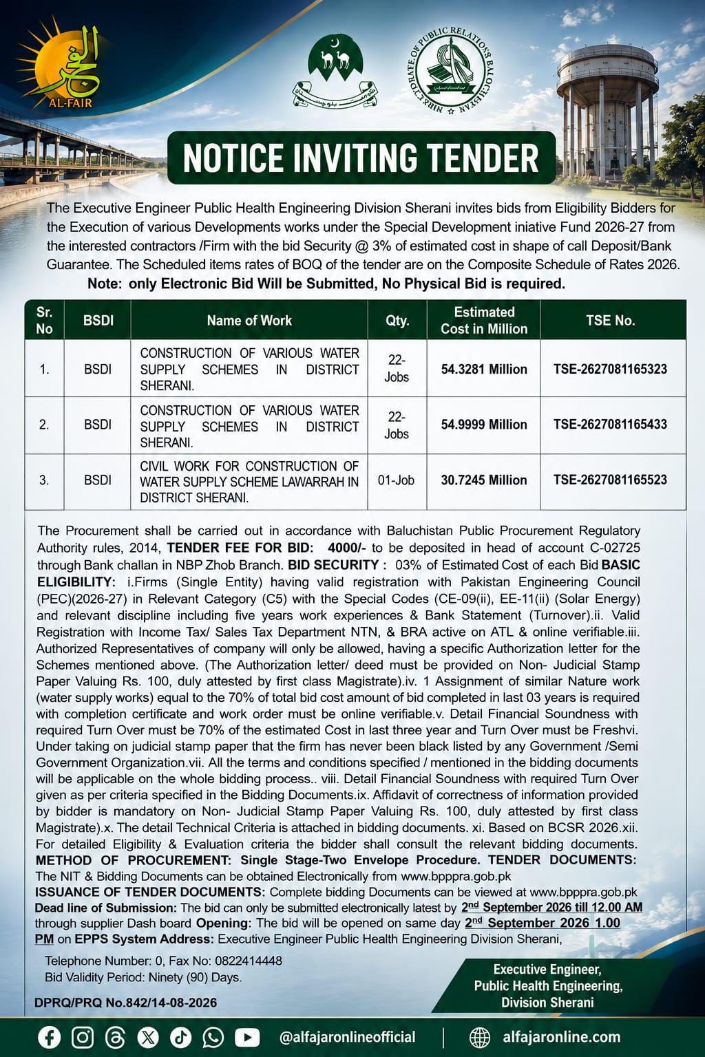 Public Health Engineering Division Sherani tender notice for construction of various water supply schemes under Special Development Initiative Fund 2026-27