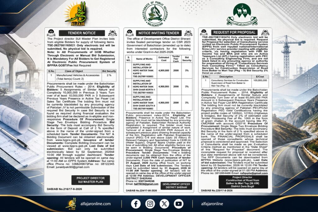 Latest Government of Balochistan tender notices for vehicle supply, road construction consultancy, and HDPE water tank installation projects. Check bid security, eligibility criteria, deadlines and tender details.