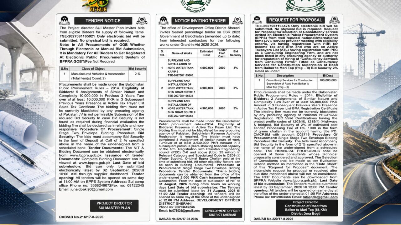 Latest Government of Balochistan tender notices for vehicle supply, road construction consultancy, and HDPE water tank installation projects. Check bid security, eligibility criteria, deadlines and tender details.