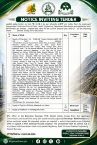 Public Health Engineering Division Kholu Balochistan tender notice 2026 for water supply pipeline and pumping machinery works.