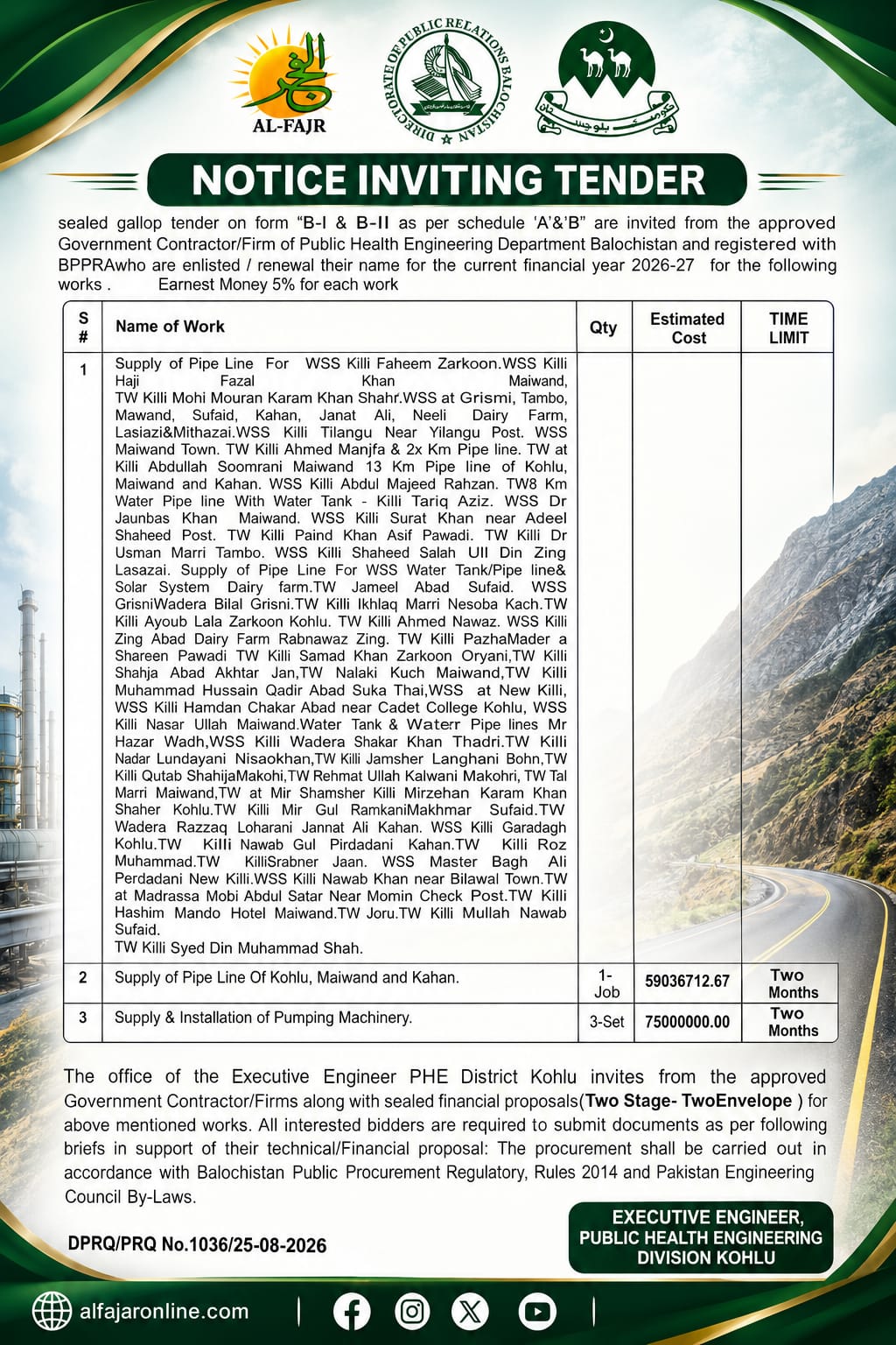 Public Health Engineering Division Kholu Balochistan tender notice 2026 for water supply pipeline and pumping machinery works.
