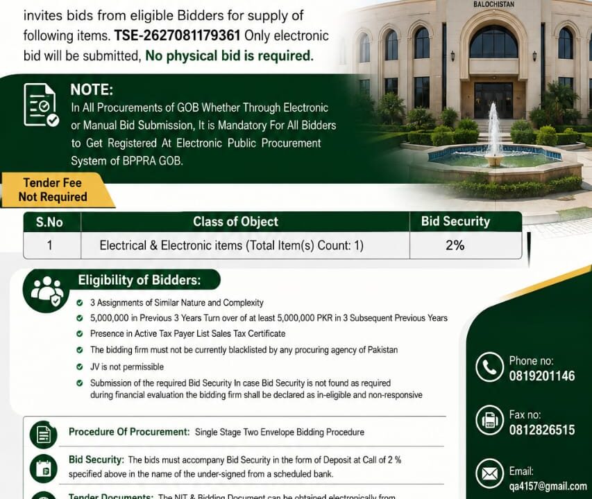Provincial Library Balochistan tender notice for electrical and electronic items 2026