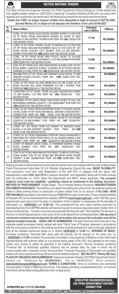 Sohbatpur District Balochistan tender notice inviting bids for 14 road construction, rehabilitation and bridge projects under PSDP 2026-27