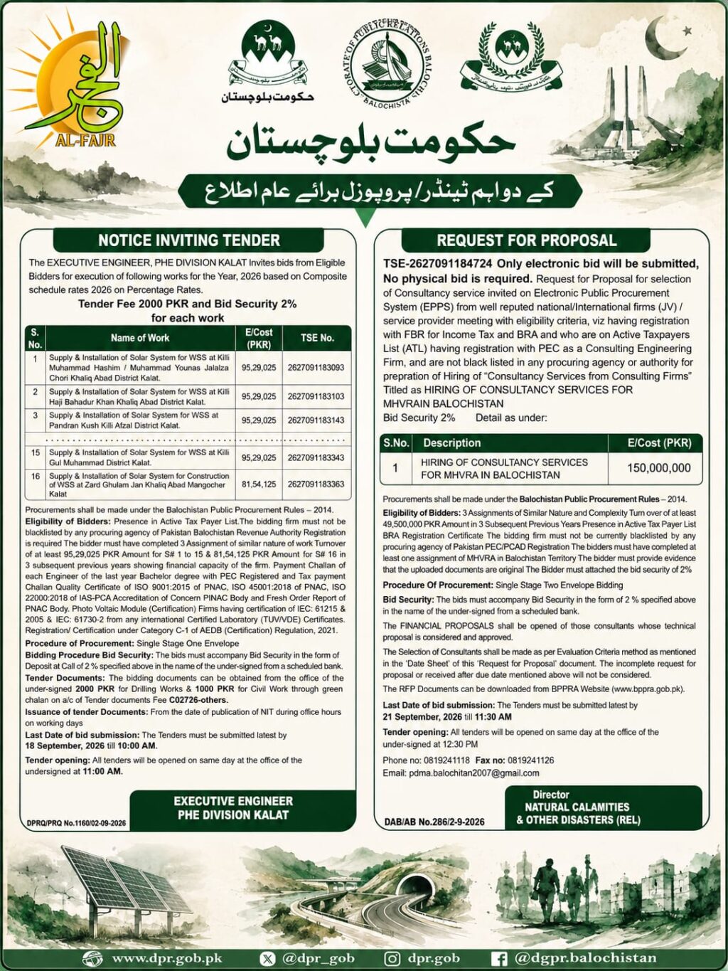 Balochistan Tenders 2026 for Consultancy Services and Solar Water Supply Projects