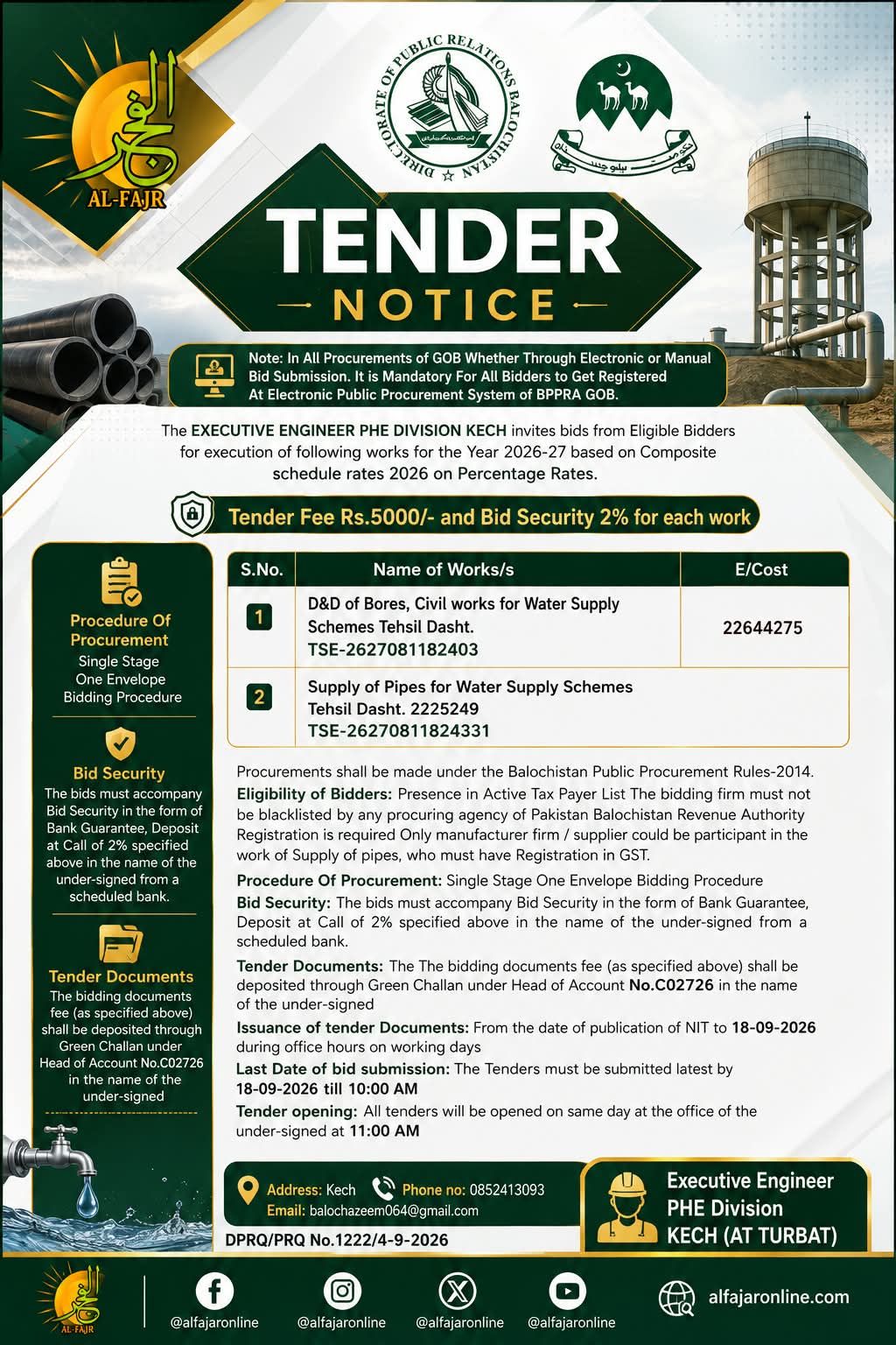 PHE Division Kech Balochistan tender notice 2026-27 for bore and water supply schemes