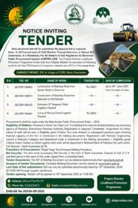Balochistan Livelihood Promotion Programme tender notice 2026 for blacktop road and flood irrigation channel construction works