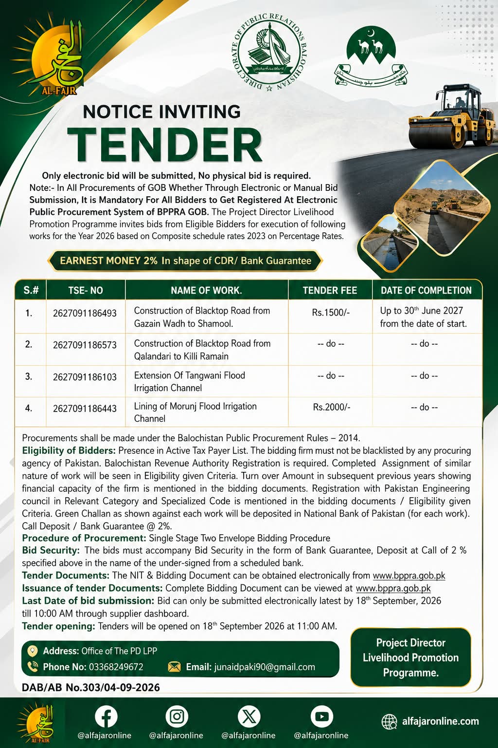 Balochistan Livelihood Promotion Programme tender notice 2026 for blacktop road and flood irrigation channel construction works