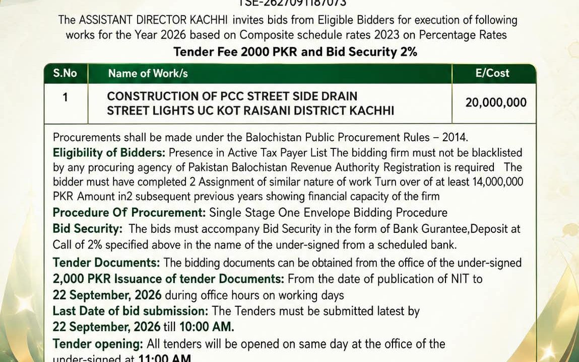 Kachhi Balochistan tender notice 2026 for PCC street side drain and streetlights construction