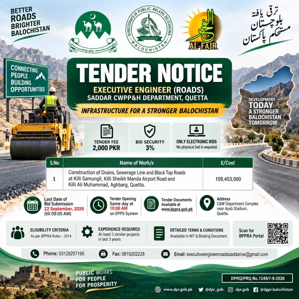 Quetta C&W Department tender notice 2026 for construction of drains, sewerage lines and black top roads