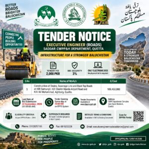 Quetta C&W Department tender notice 2026 for construction of drains, sewerage lines and black top roads