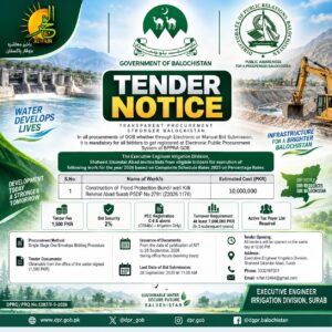 Tender notice for Irrigation Division Shaheed Sikandar Abad Surab flood protection bund wall construction project worth PKR 10 million