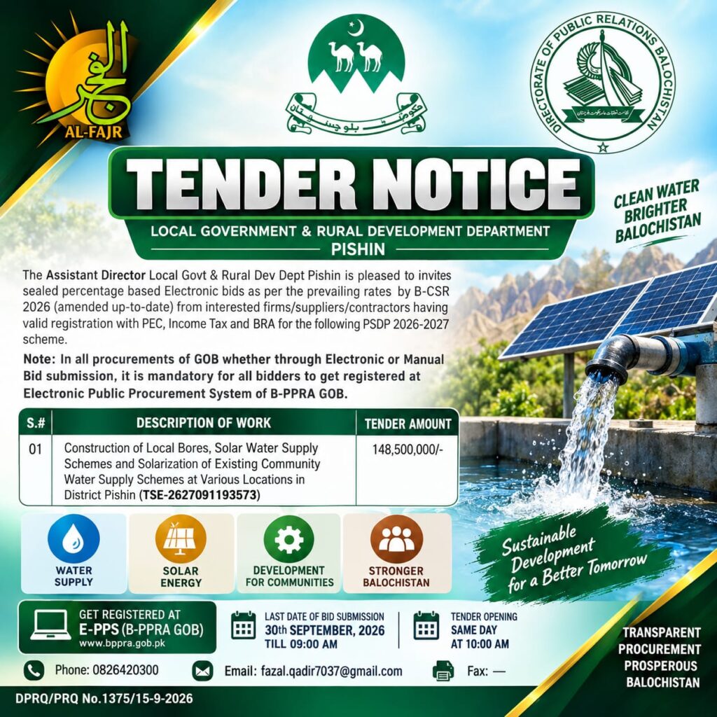 Tender Notice for Local Government and Rural Development Department Pishin for PSDP 2026-27 solar water supply and local bore projects