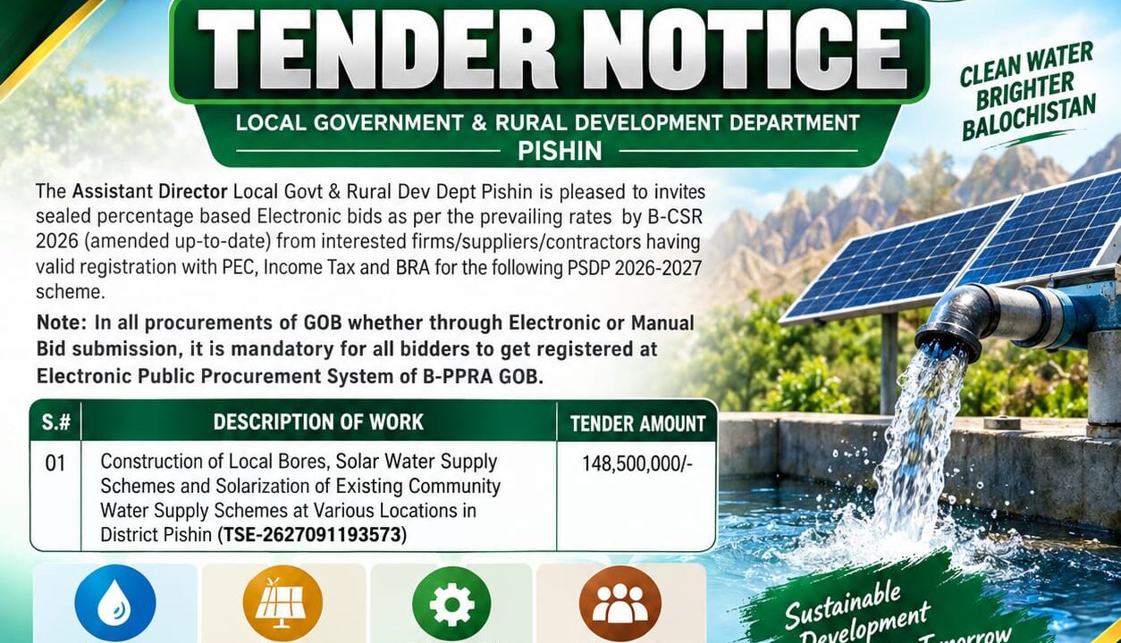 Tender Notice for Local Government and Rural Development Department Pishin for PSDP 2026-27 solar water supply and local bore projects