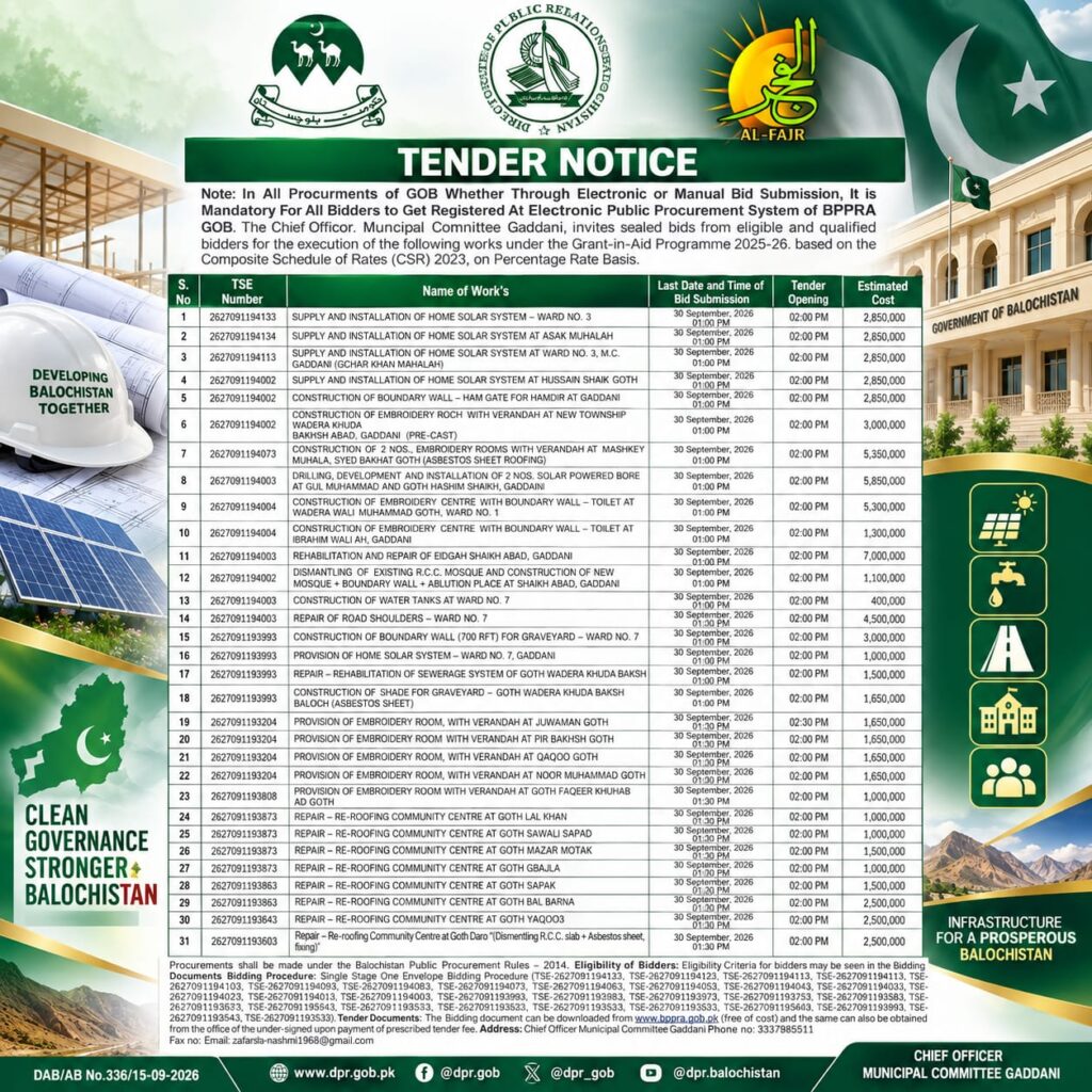 Gaddani Tender Notice 2026 for 31 development works by Municipal Committee Gaddani