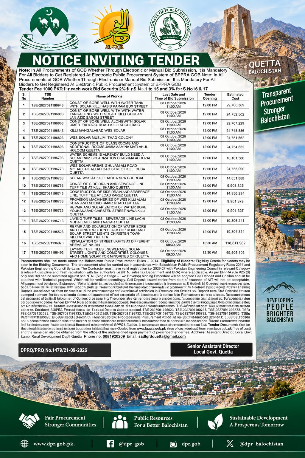 Quetta Local Government tender notice for 17 development projects with bid submission deadline of October 8, 2026