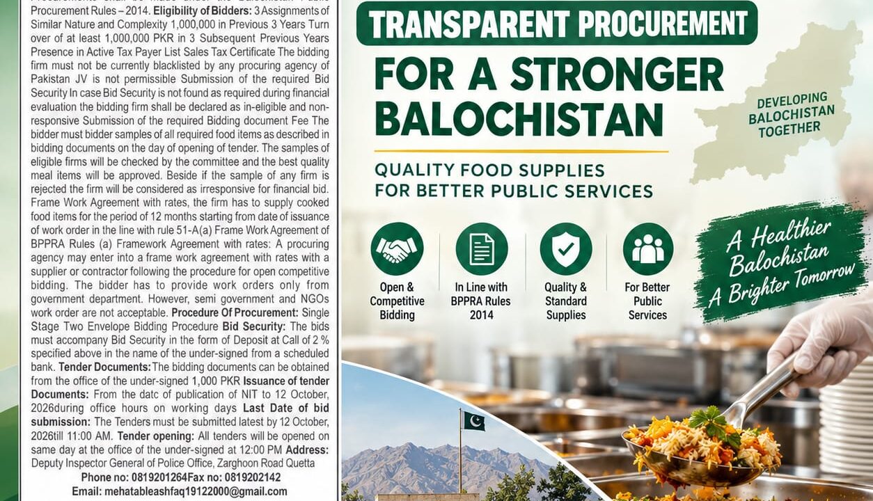 CCPO Quetta tender notice for supply of food items with 2 percent bid security and bid submission deadline of 12 October 2026