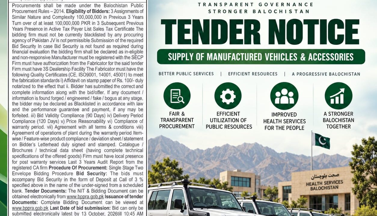 DG Health Services Balochistan tender notice for manufactured vehicles and accessories, with 3 percent bid security and electronic bid submission deadline of 13 October 2026