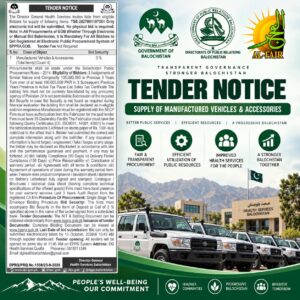 DG Health Services Balochistan tender notice for manufactured vehicles and accessories, with 3 percent bid security and electronic bid submission deadline of 13 October 2026