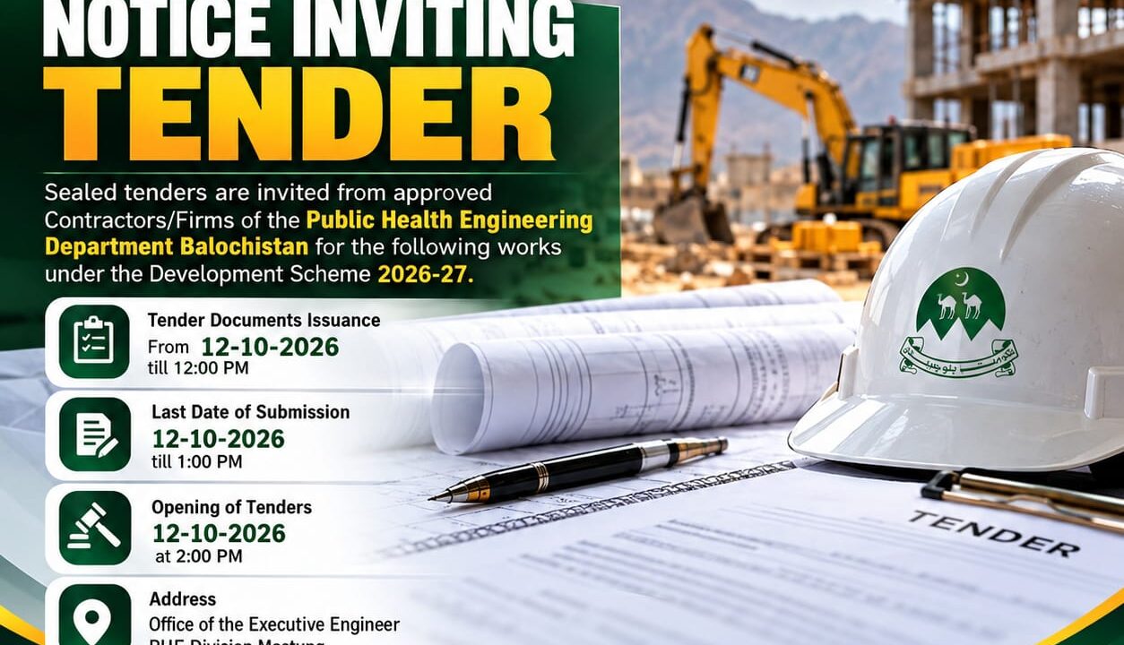 Notice inviting tender issued by Public Health Engineering Division Mastung for water supply, pipeline, electrical, pump repair and maintenance works in Balochistan