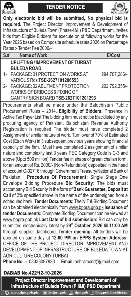 Turbat Buleda Road tender notice 2026 issued by Balochistan P&D Department for road protection and bridge improvement works.