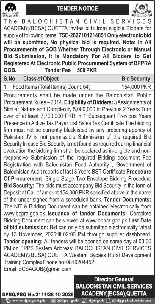BCSA Quetta food items tender notice 2026 for procurement of 64 food items, with PKR 154,000 bid security and an electronic submission deadline of 13 November 2026.