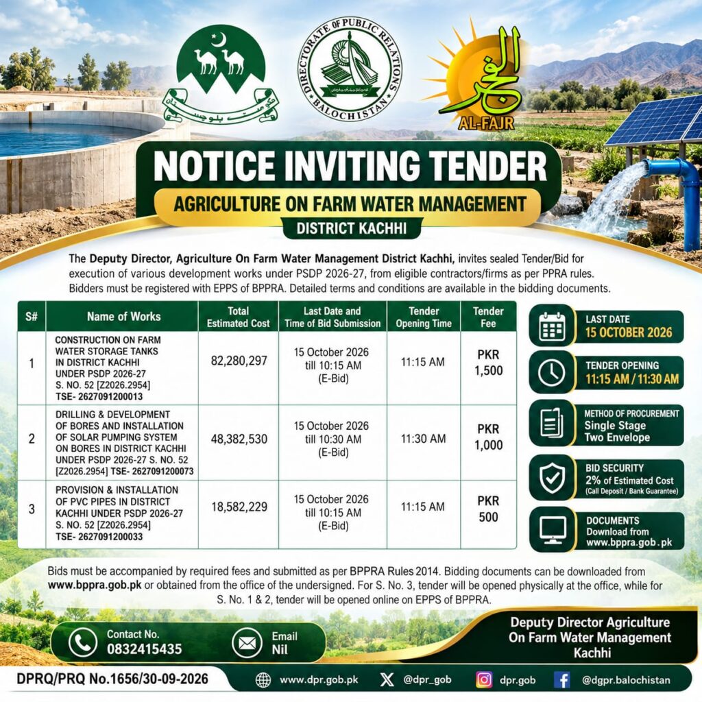 Tender notice issued by Deputy Director Agriculture On Farm Water Management District Kachhi for development works under PSDP 2026-27
