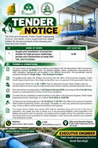 Tender notice from Public Health Engineering Division Dera Bugti for Rs. 14 million pump protection shades and sump well construction project